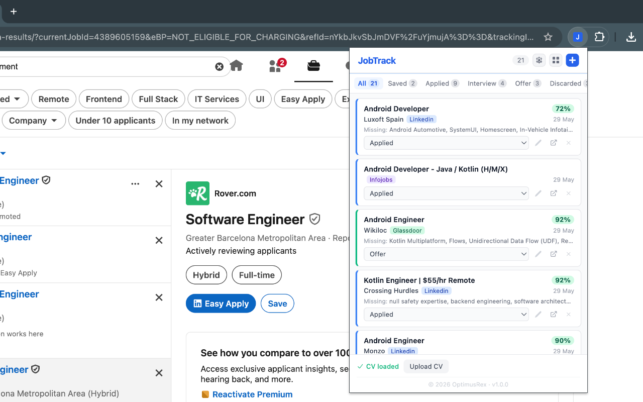 JobTrack panel inside LinkedIn showing applications with match scores