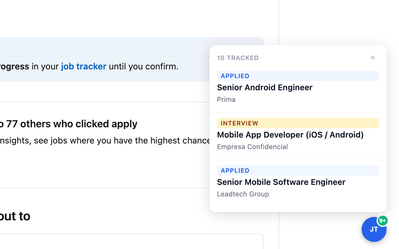 JobTrack confirmation overlay showing tracked applications