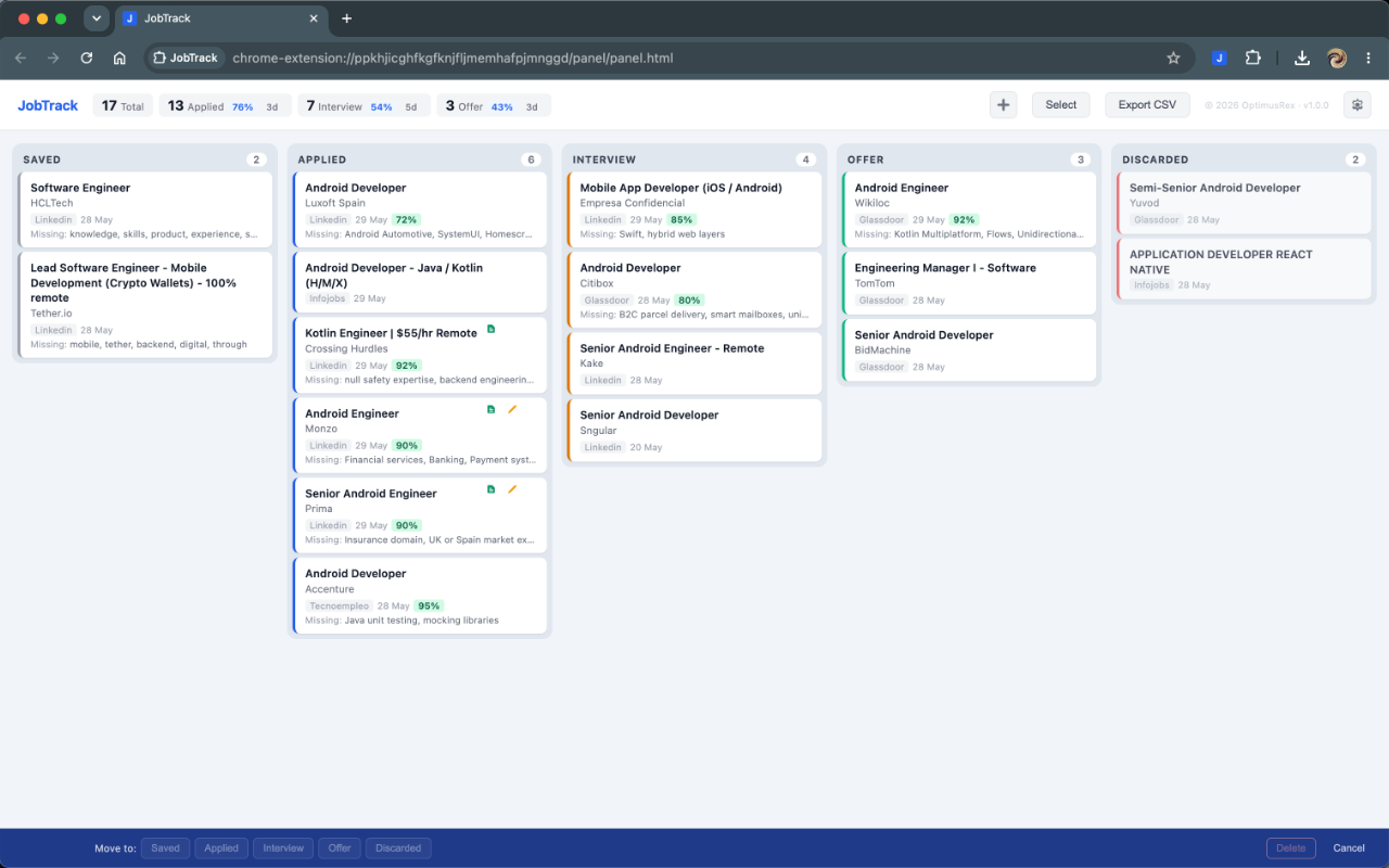 Full JobTrack Kanban board with application status columns